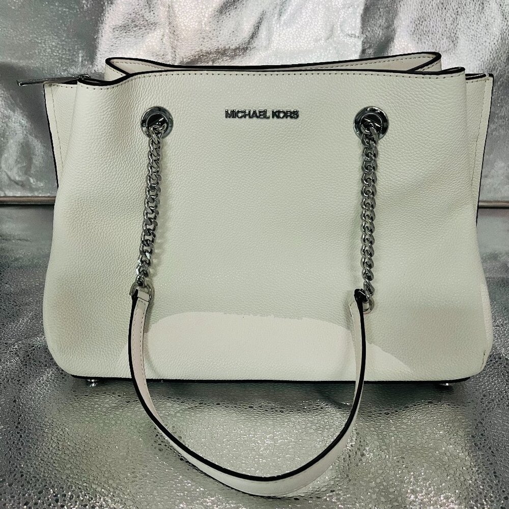 Michael Kors Teagan Satchel Shoulder Bag White Women's Large Pebbled Leather NWT